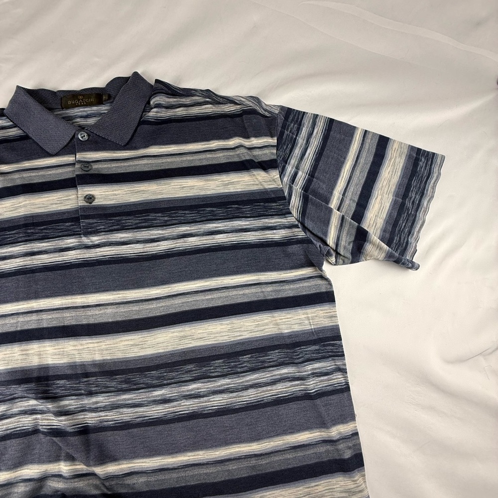 Bugatchi Men's Navy and Cream Striped Polo